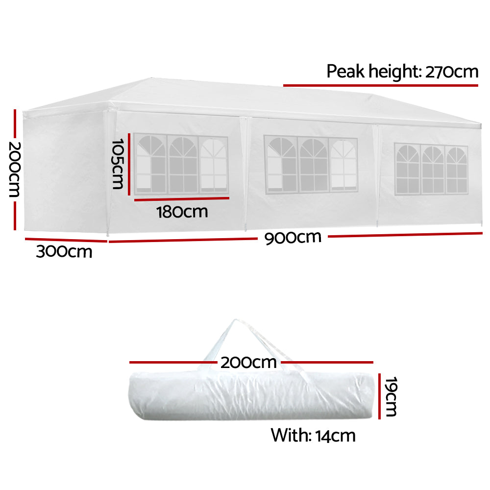 Instahut Gazebo 3x9m Marquee Wedding Party Tent Outdoor Camping Side Wall Canopy 8 Panel White-1