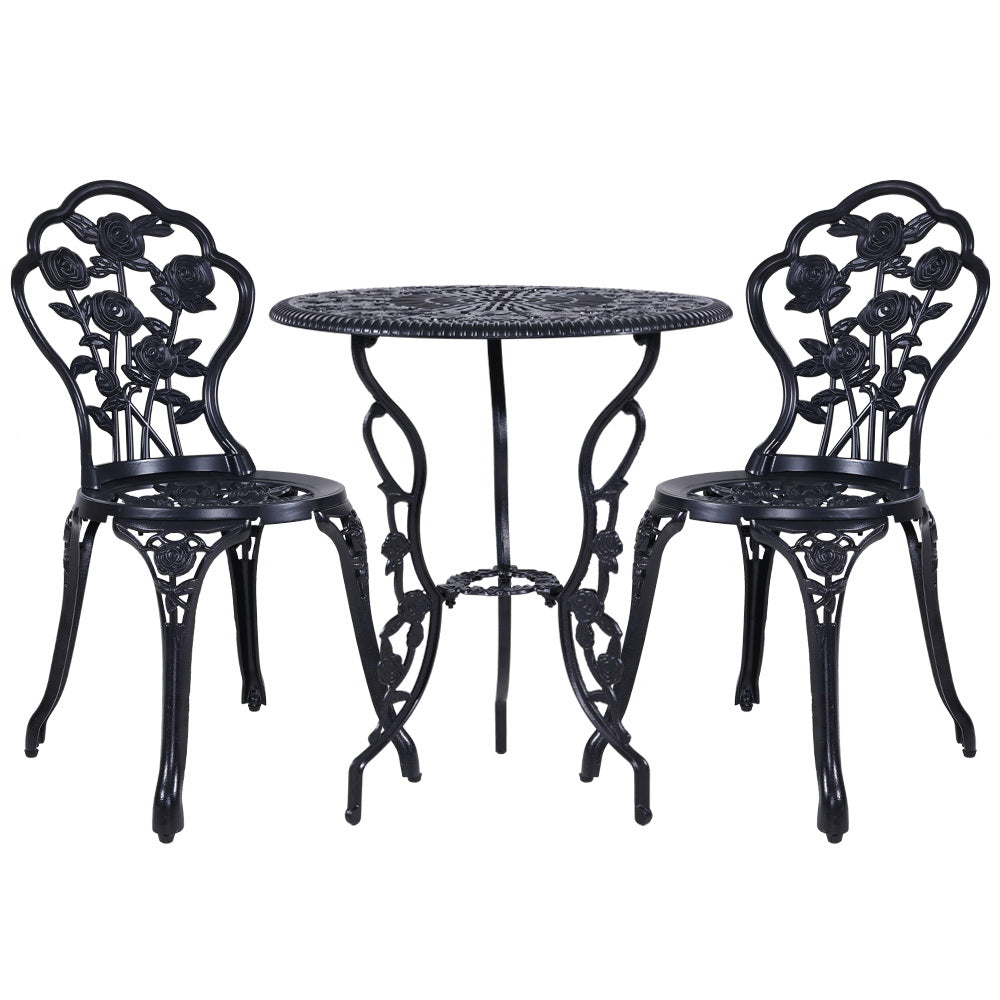 Gardeon 3PC Outdoor Setting Bistro Set Chairs Table Cast Aluminum Rose Black-0