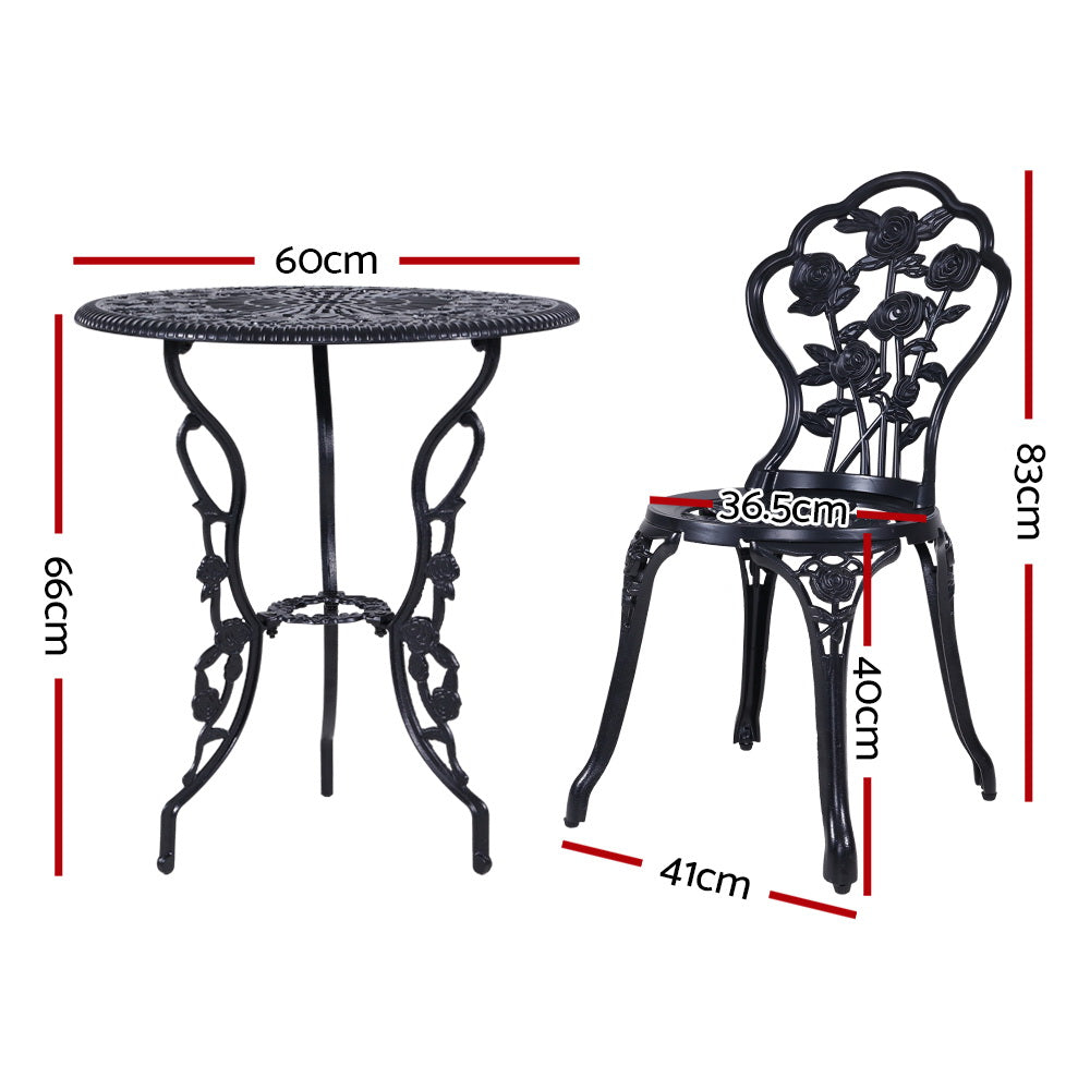 Gardeon 3PC Outdoor Setting Bistro Set Chairs Table Cast Aluminum Rose Black-1