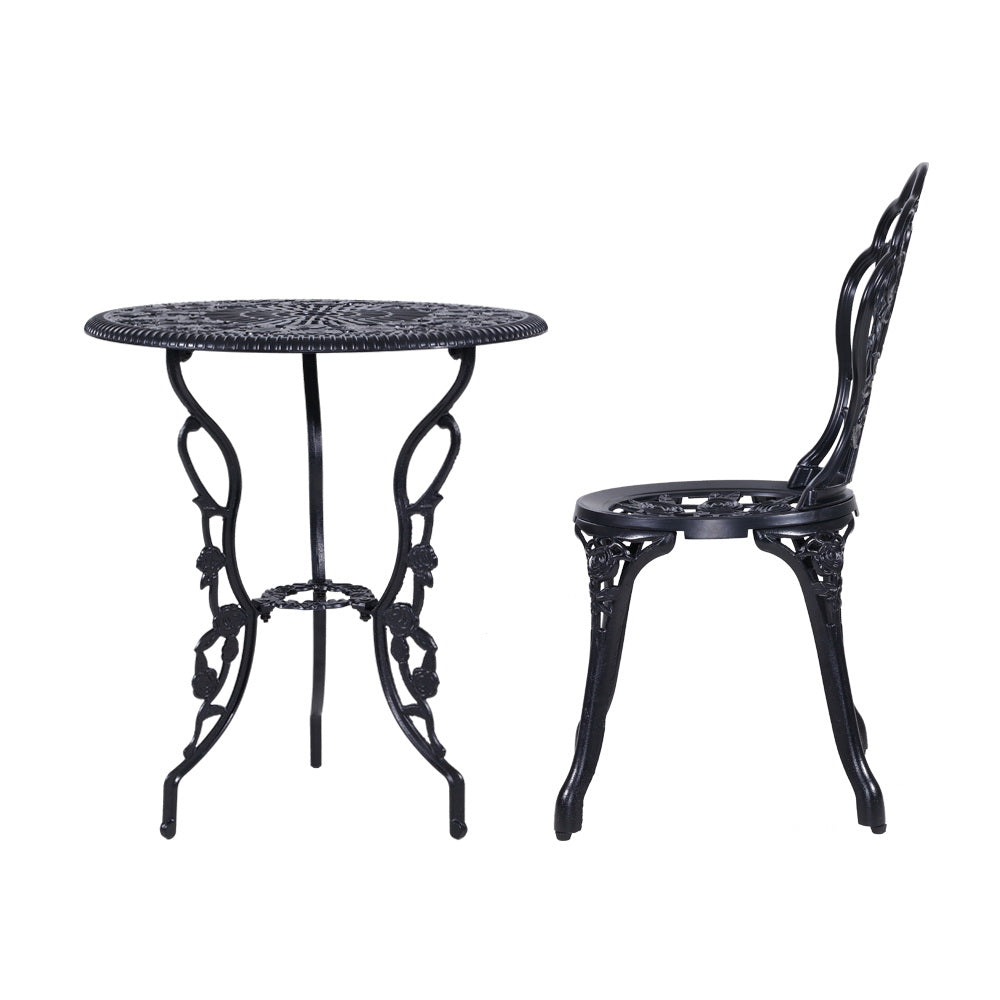 Gardeon 3PC Outdoor Setting Bistro Set Chairs Table Cast Aluminum Rose Black-3