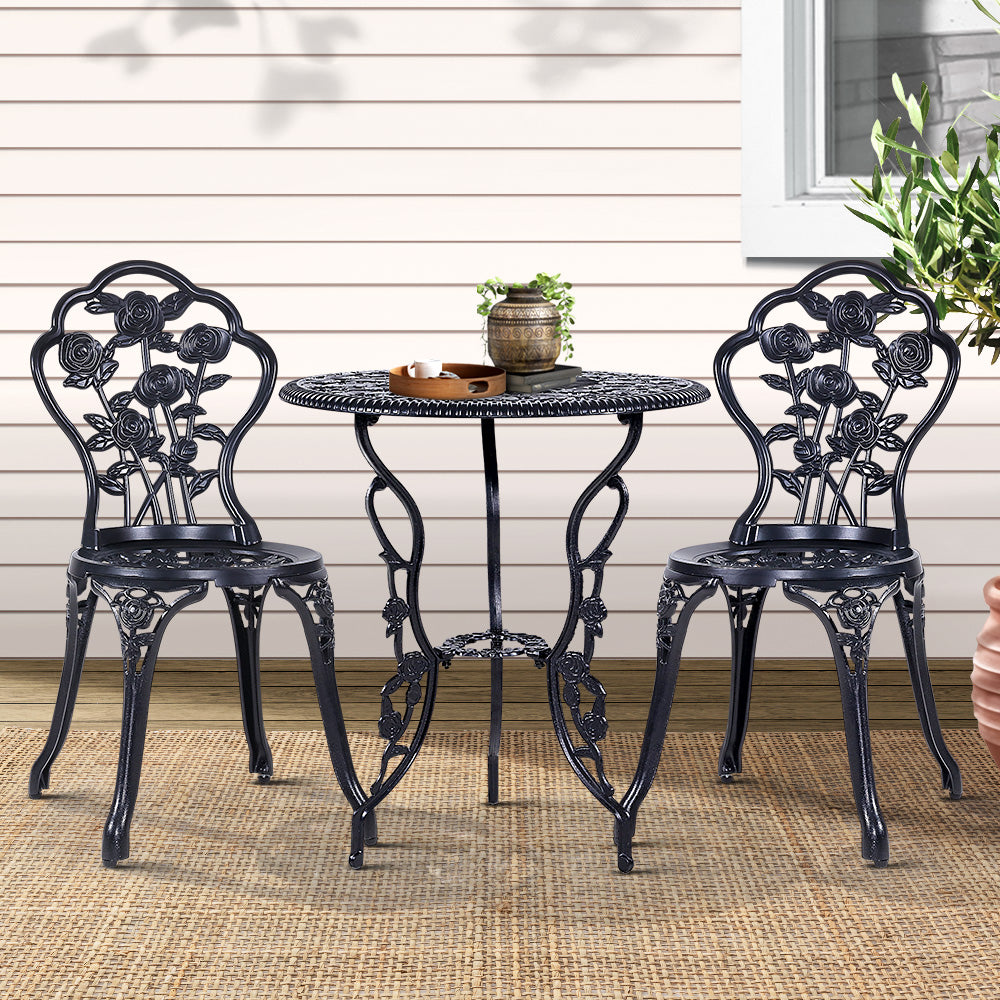 Gardeon 3PC Outdoor Setting Bistro Set Chairs Table Cast Aluminum Rose Black-7