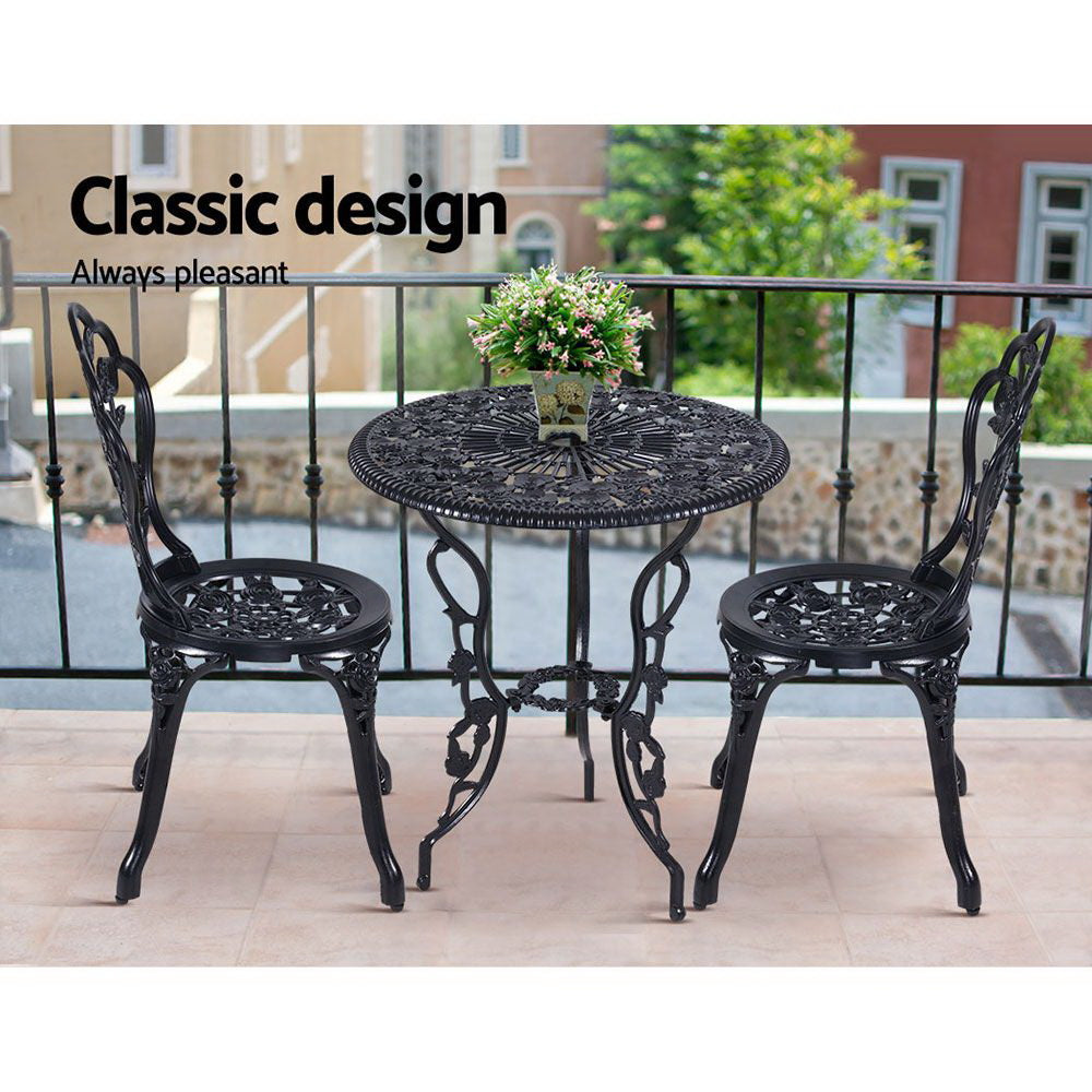 Gardeon 3PC Outdoor Setting Bistro Set Chairs Table Cast Aluminum Rose Black-8