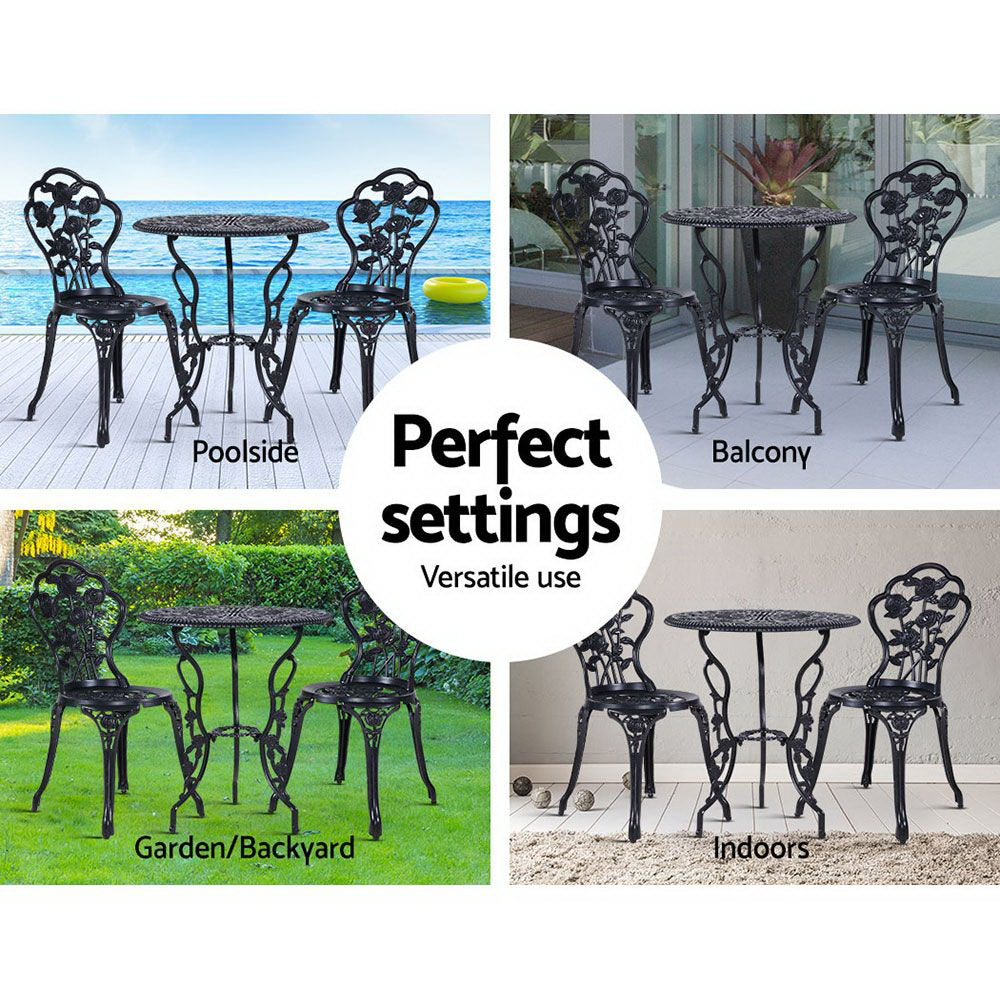 Gardeon 3PC Outdoor Setting Bistro Set Chairs Table Cast Aluminum Rose Black-9