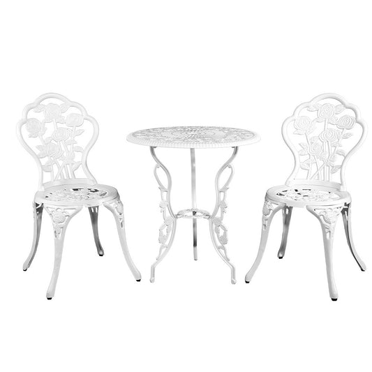 Gardeon 3PC Outdoor Setting Bistro Set Chairs Table Cast Aluminum Patio Furniture Rose White-0