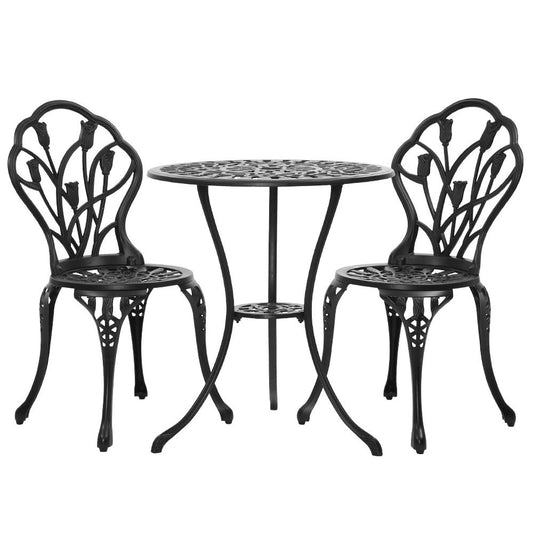 Gardeon 3PC Outdoor Setting Bistro Set Chairs Table Cast Aluminum Patio Furniture Tulip Black-0