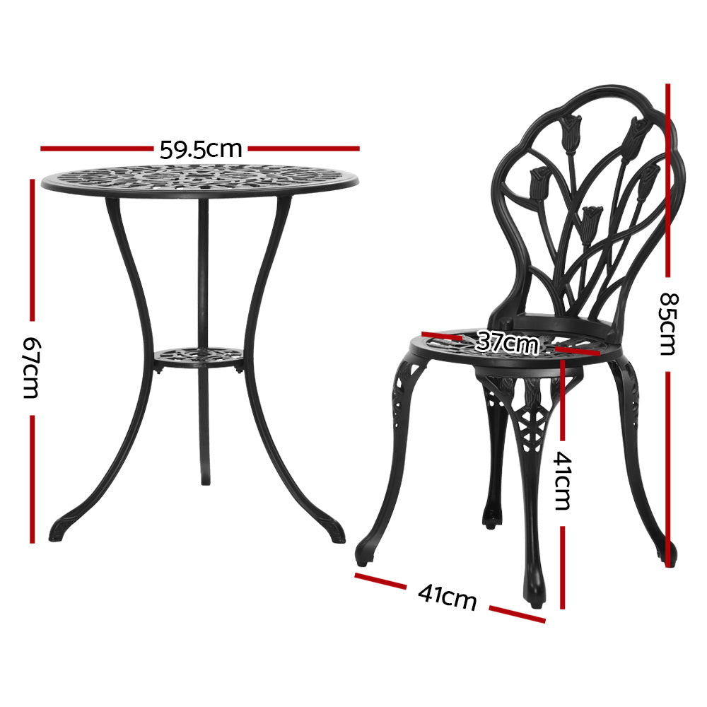 Gardeon 3PC Outdoor Setting Bistro Set Chairs Table Cast Aluminum Patio Furniture Tulip Black-1