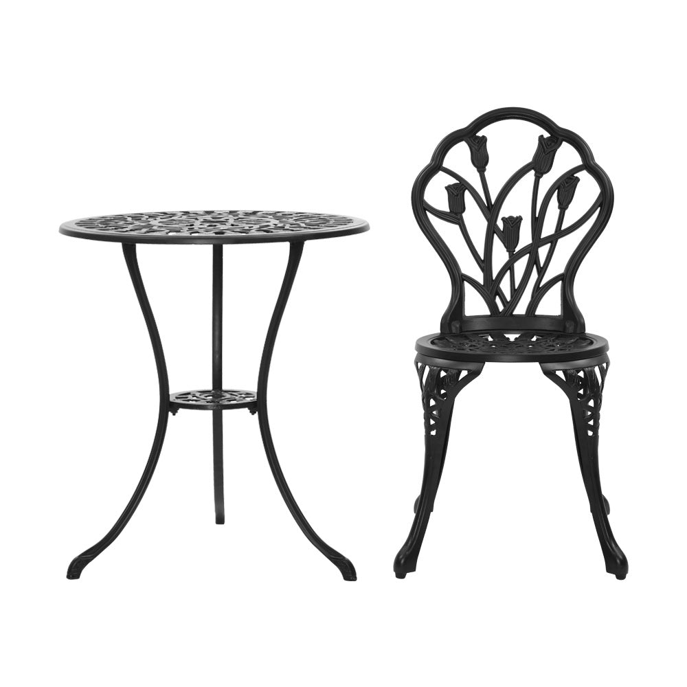 Gardeon 3PC Outdoor Setting Bistro Set Chairs Table Cast Aluminum Patio Furniture Tulip Black-2