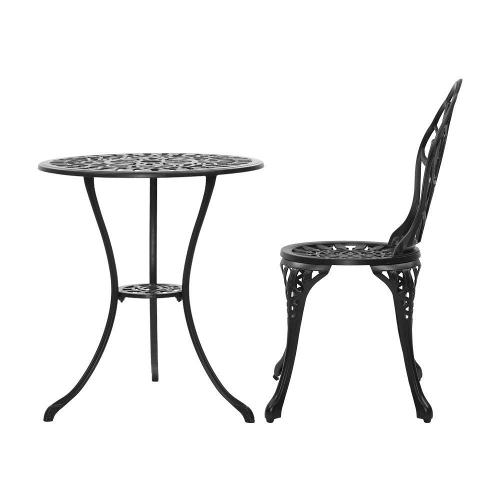 Gardeon 3PC Outdoor Setting Bistro Set Chairs Table Cast Aluminum Patio Furniture Tulip Black-3