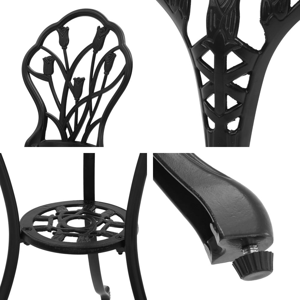 Gardeon 3PC Outdoor Setting Bistro Set Chairs Table Cast Aluminum Patio Furniture Tulip Black-6