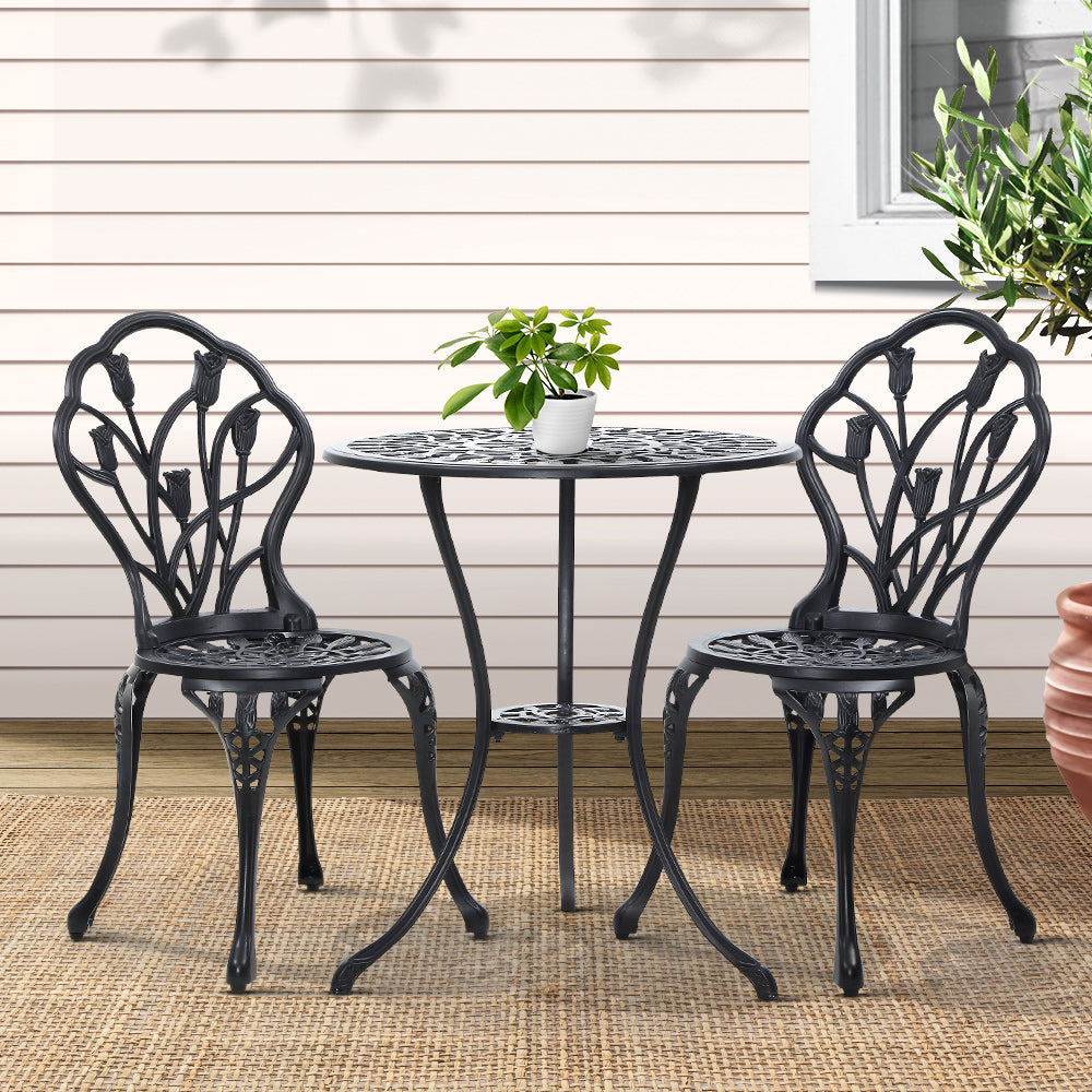 Gardeon 3PC Outdoor Setting Bistro Set Chairs Table Cast Aluminum Patio Furniture Tulip Black-7