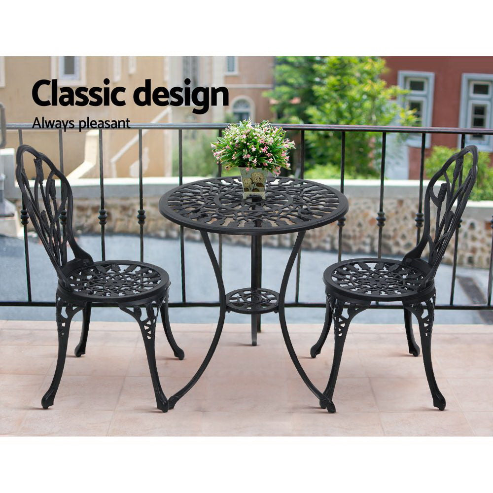 Gardeon 3PC Outdoor Setting Bistro Set Chairs Table Cast Aluminum Patio Furniture Tulip Black-8