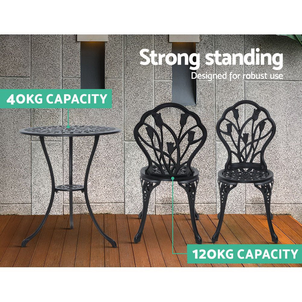 Gardeon 3PC Outdoor Setting Bistro Set Chairs Table Cast Aluminum Patio Furniture Tulip Black-9