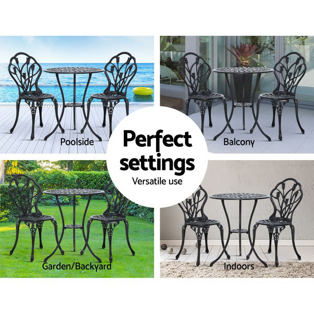 Gardeon 3PC Outdoor Setting Bistro Set Chairs Table Cast Aluminum Patio Furniture Tulip Black-11