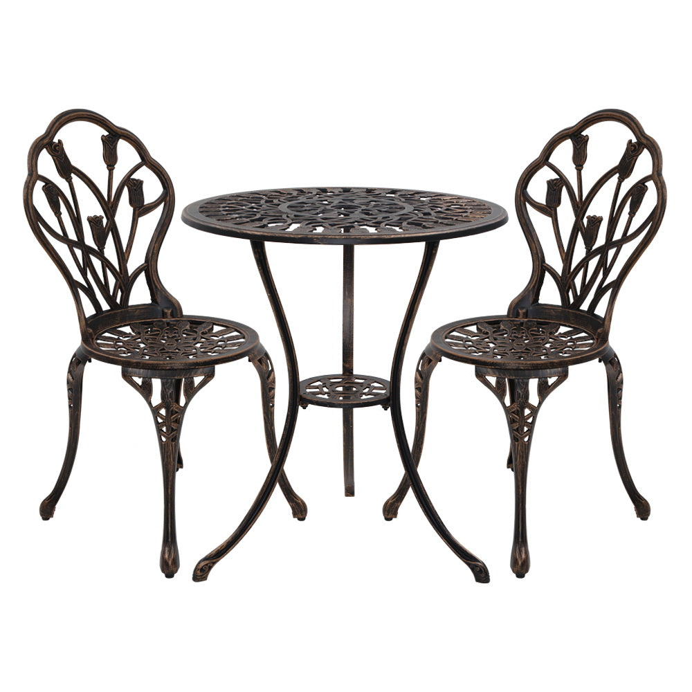 Gardeon 3PC Outdoor Setting Bistro Set Chairs Table Cast Aluminum Patio Furniture Tulip Bronze-0