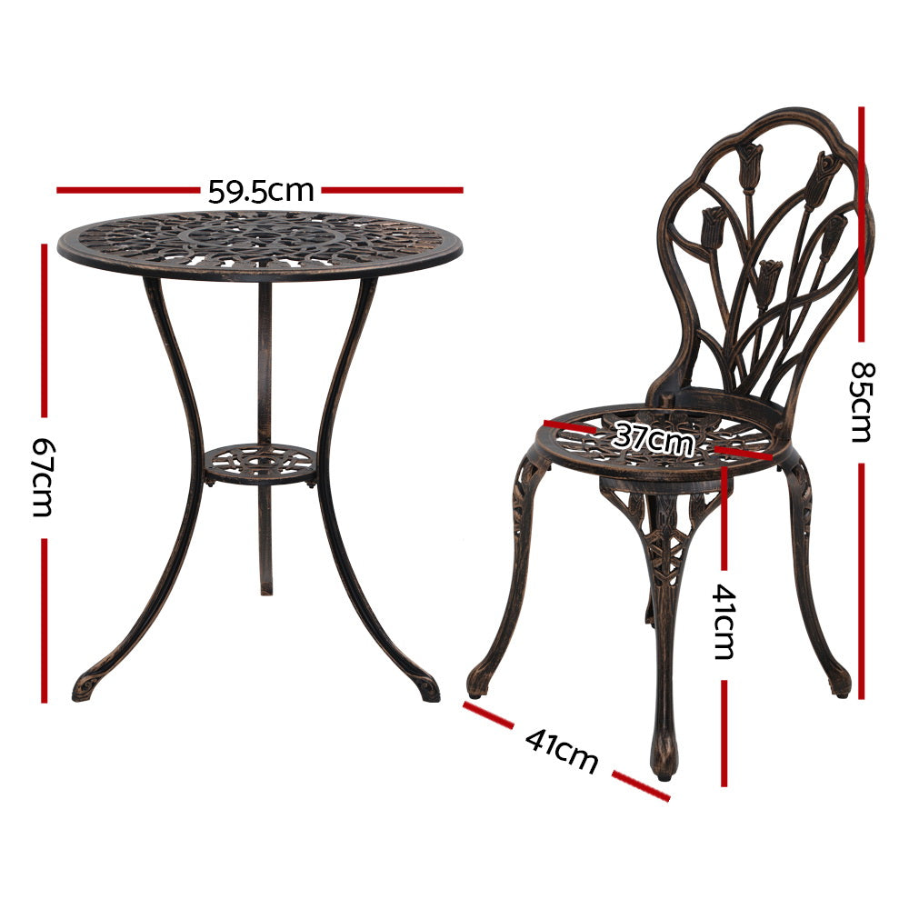 Gardeon 3PC Outdoor Setting Bistro Set Chairs Table Cast Aluminum Patio Furniture Tulip Bronze-1