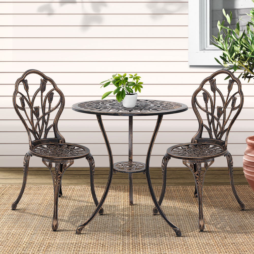 Gardeon 3PC Outdoor Setting Bistro Set Chairs Table Cast Aluminum Patio Furniture Tulip Bronze-7