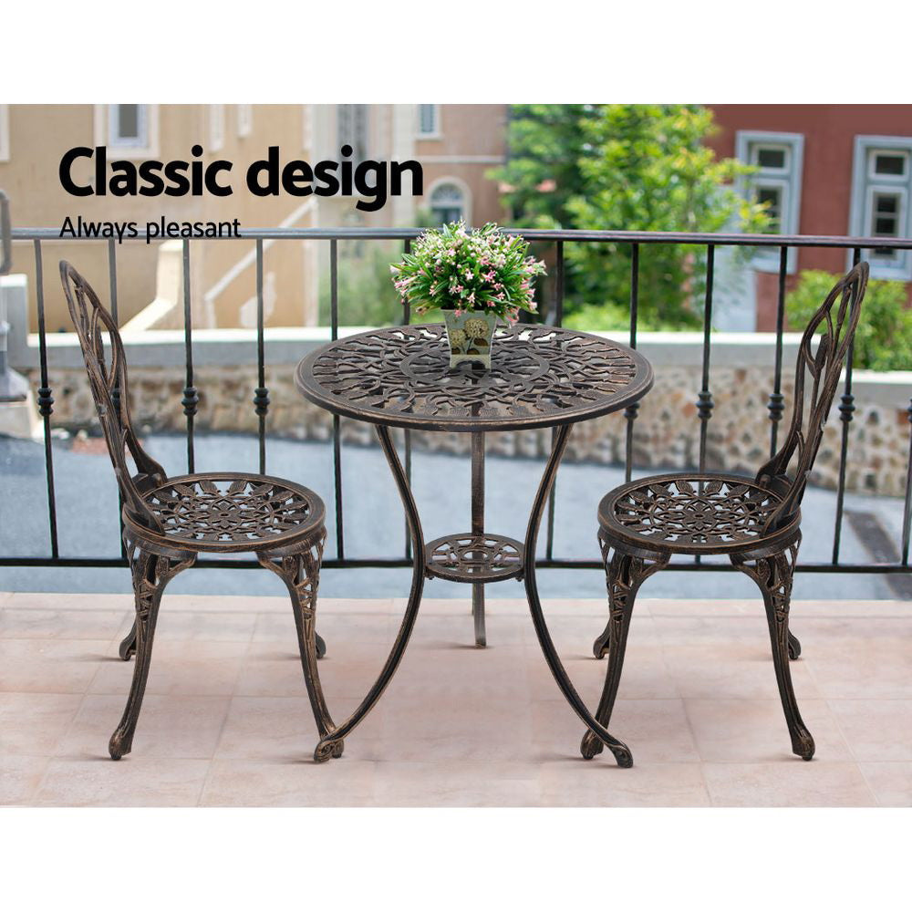 Gardeon 3PC Outdoor Setting Bistro Set Chairs Table Cast Aluminum Patio Furniture Tulip Bronze-8