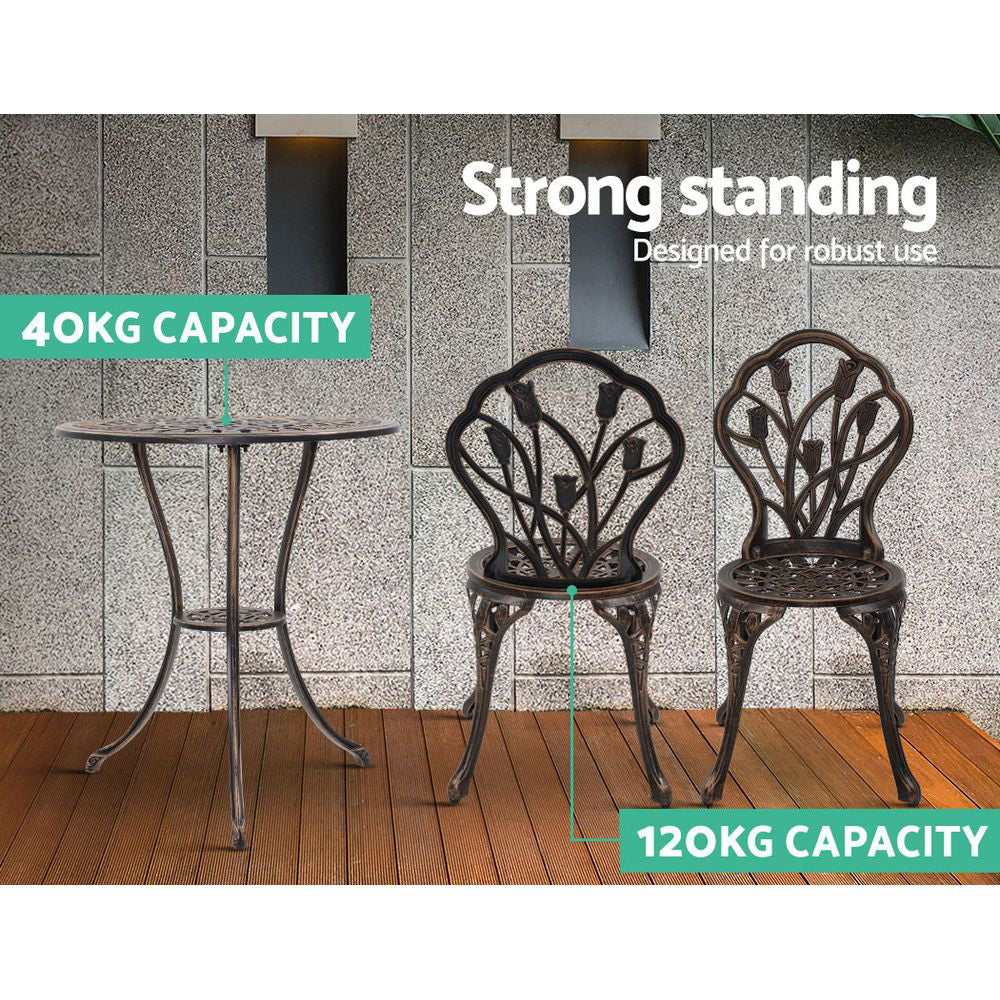 Gardeon 3PC Outdoor Setting Bistro Set Chairs Table Cast Aluminum Patio Furniture Tulip Bronze-9