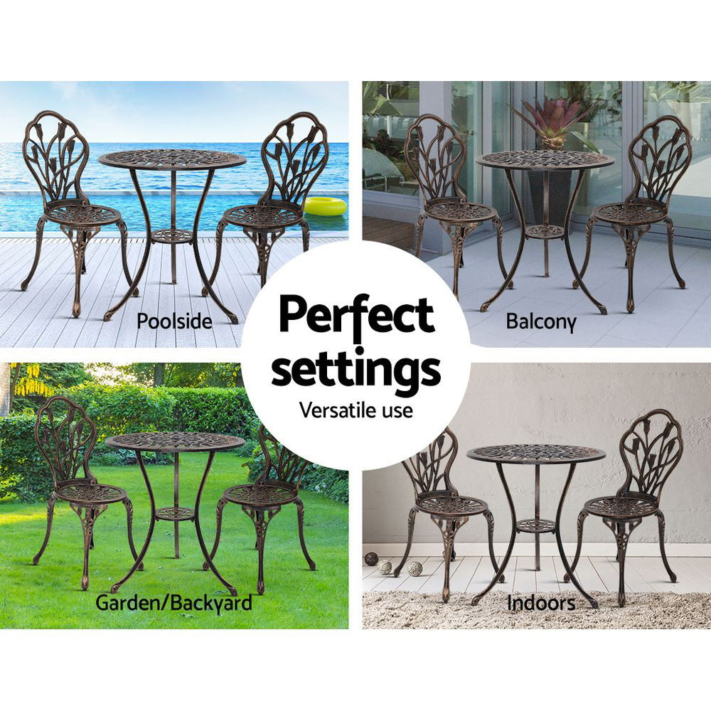 Gardeon 3PC Outdoor Setting Bistro Set Chairs Table Cast Aluminum Patio Furniture Tulip Bronze-11