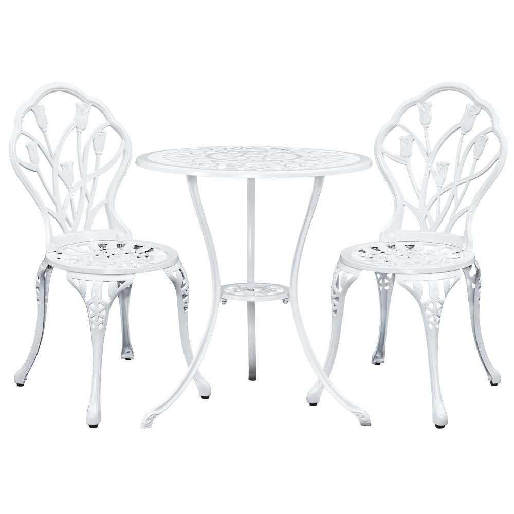 Gardeon 3PC Outdoor Setting Bistro Set Chairs Table Cast Aluminum Patio Furniture Tulip White-0