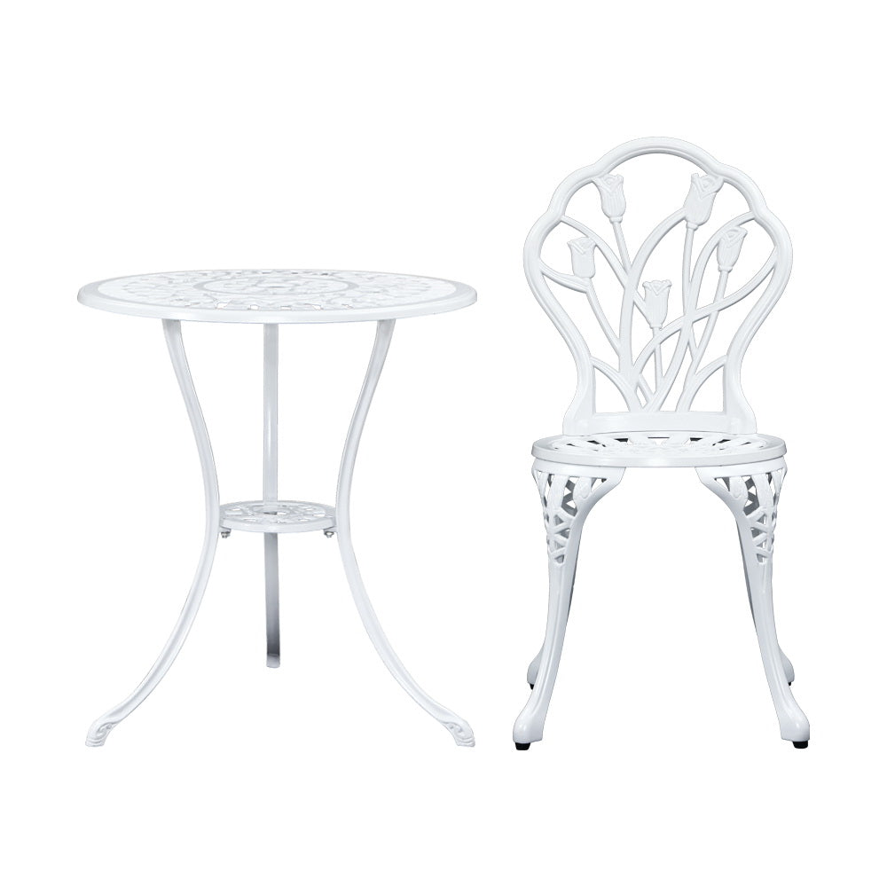 Gardeon 3PC Outdoor Setting Bistro Set Chairs Table Cast Aluminum Patio Furniture Tulip White-2