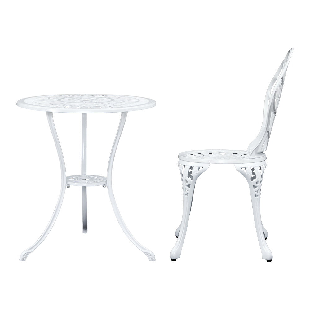 Gardeon 3PC Outdoor Setting Bistro Set Chairs Table Cast Aluminum Patio Furniture Tulip White-3