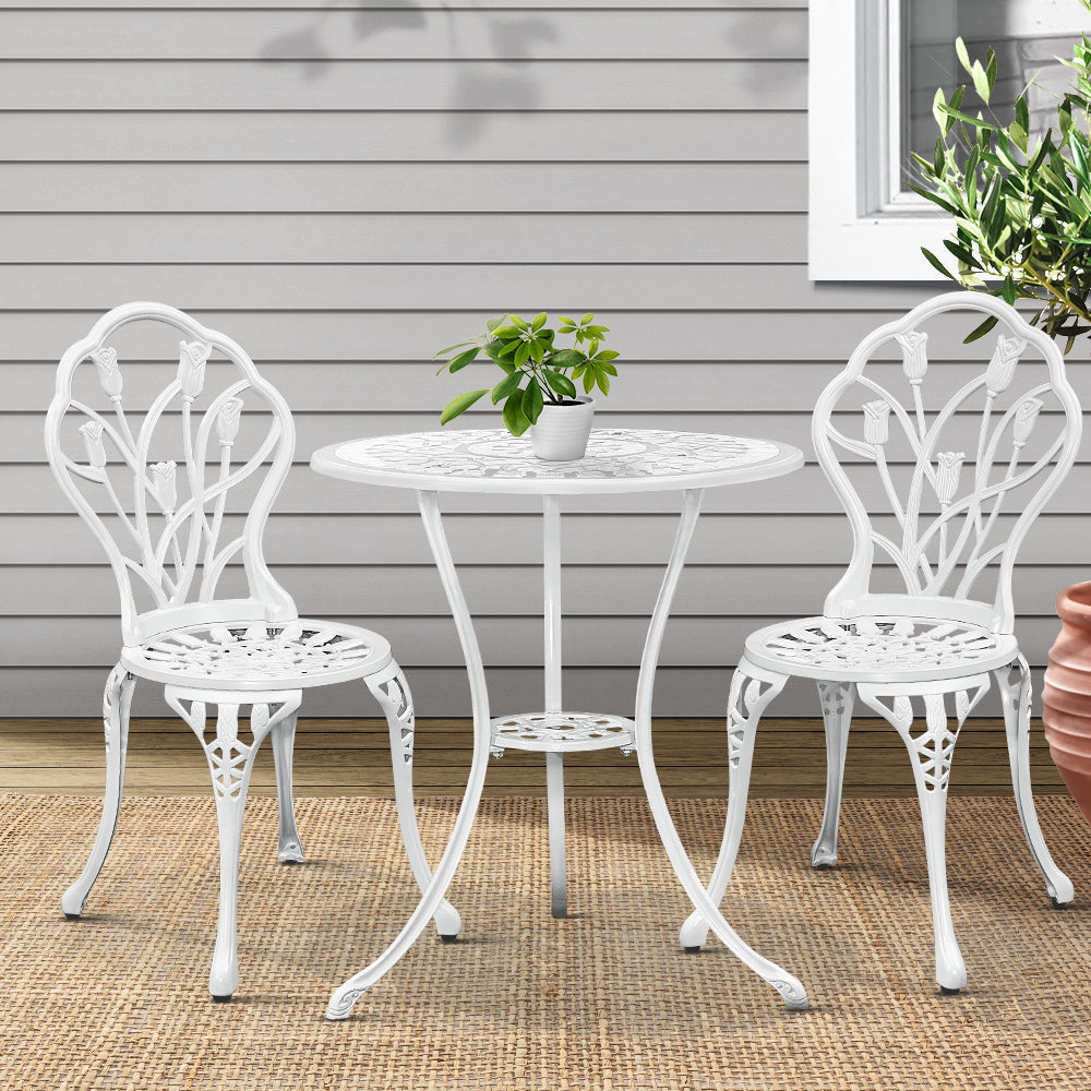 Gardeon 3PC Outdoor Setting Bistro Set Chairs Table Cast Aluminum Patio Furniture Tulip White-7