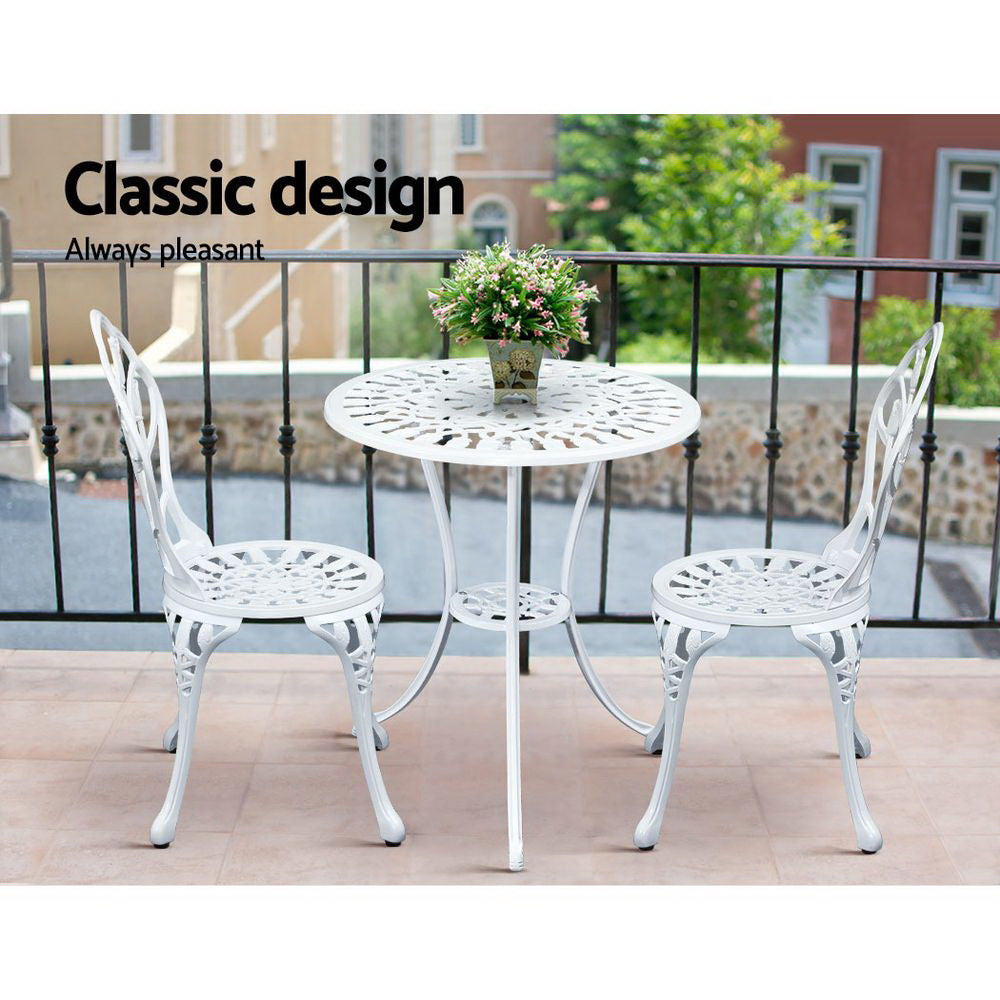 Gardeon 3PC Outdoor Setting Bistro Set Chairs Table Cast Aluminum Patio Furniture Tulip White-8