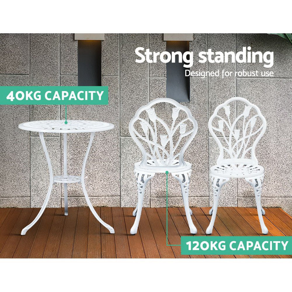 Gardeon 3PC Outdoor Setting Bistro Set Chairs Table Cast Aluminum Patio Furniture Tulip White-9