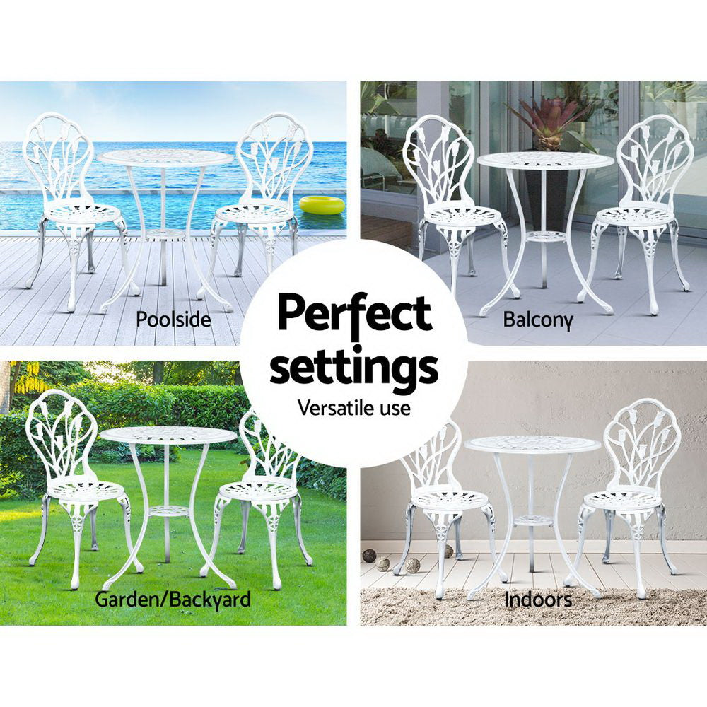 Gardeon 3PC Outdoor Setting Bistro Set Chairs Table Cast Aluminum Patio Furniture Tulip White-11