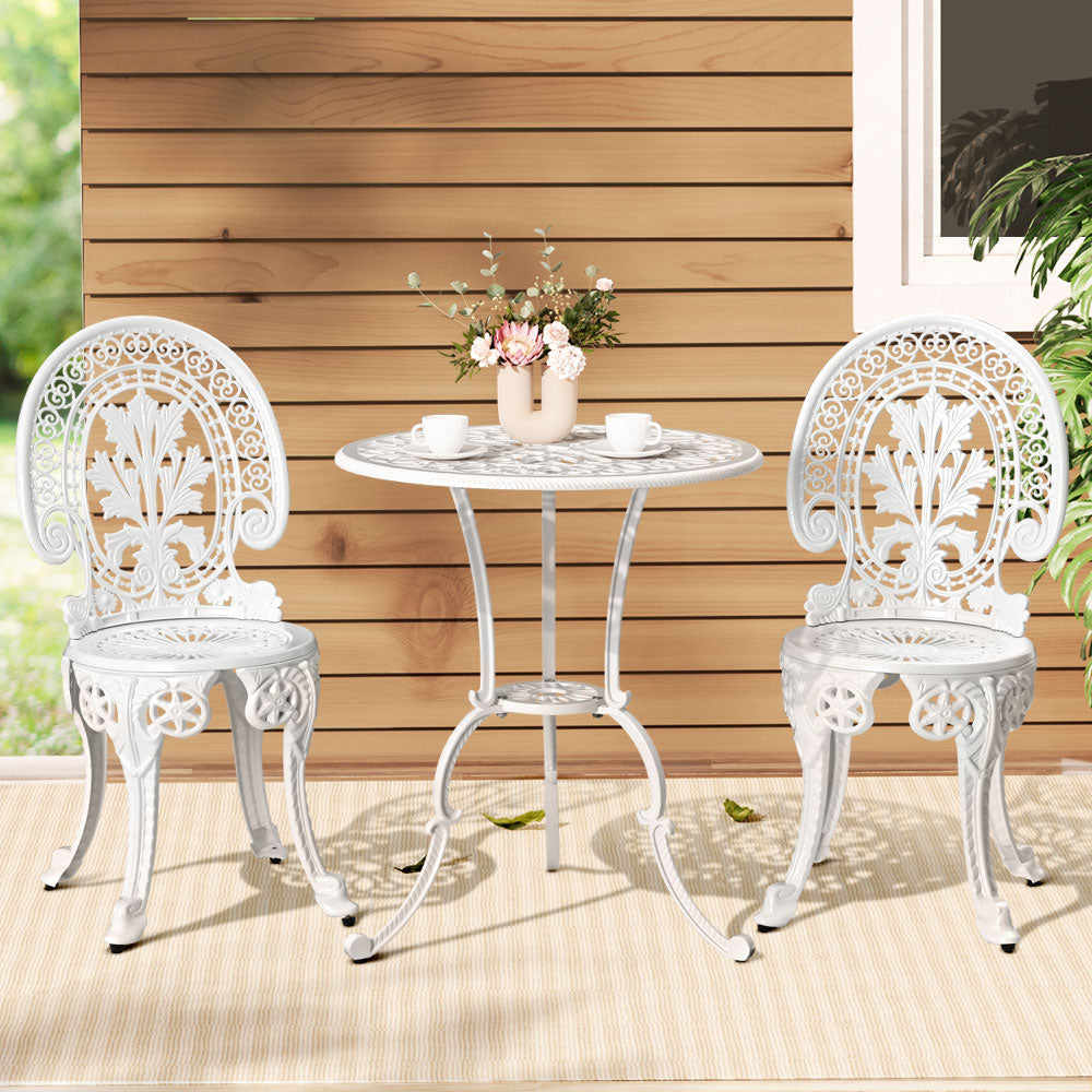 Gardeon 3PC Patio Furniture Outdoor Bistro Set Dining Chairs Aluminium White-6