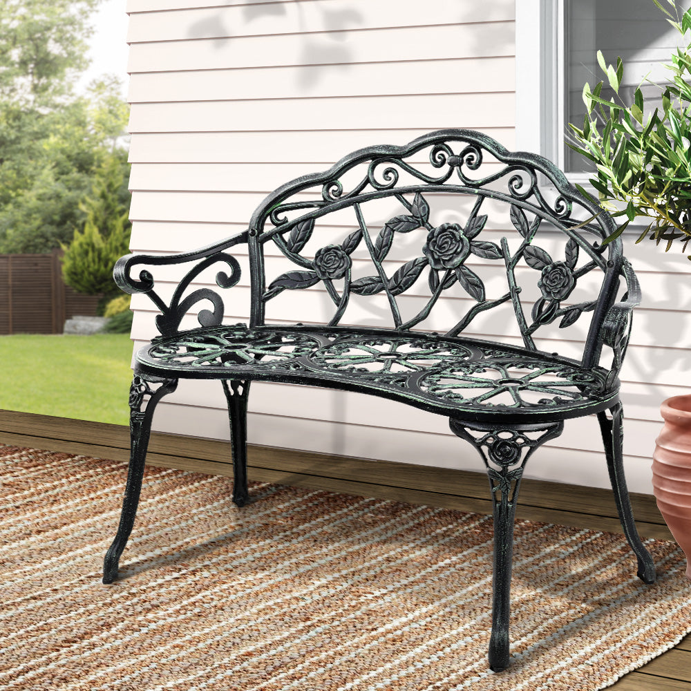 Gardeon Outdoor Garden Bench Seat 100cm Cast Aluminium Patio Chair Vintage Green-7