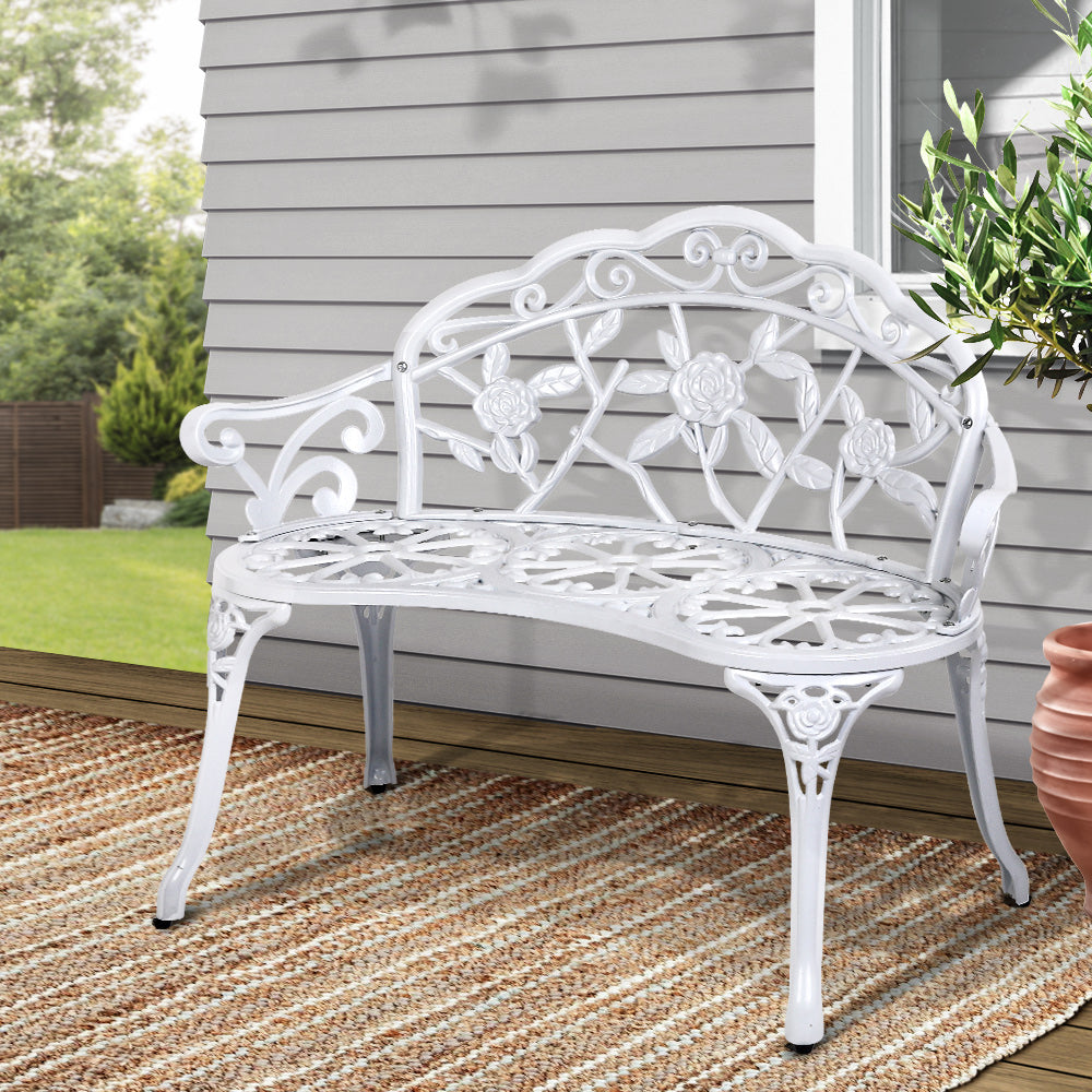 Gardeon Outdoor Garden Bench Seat 100cm Cast Aluminium Outdoor Patio Chair Vintage White-7