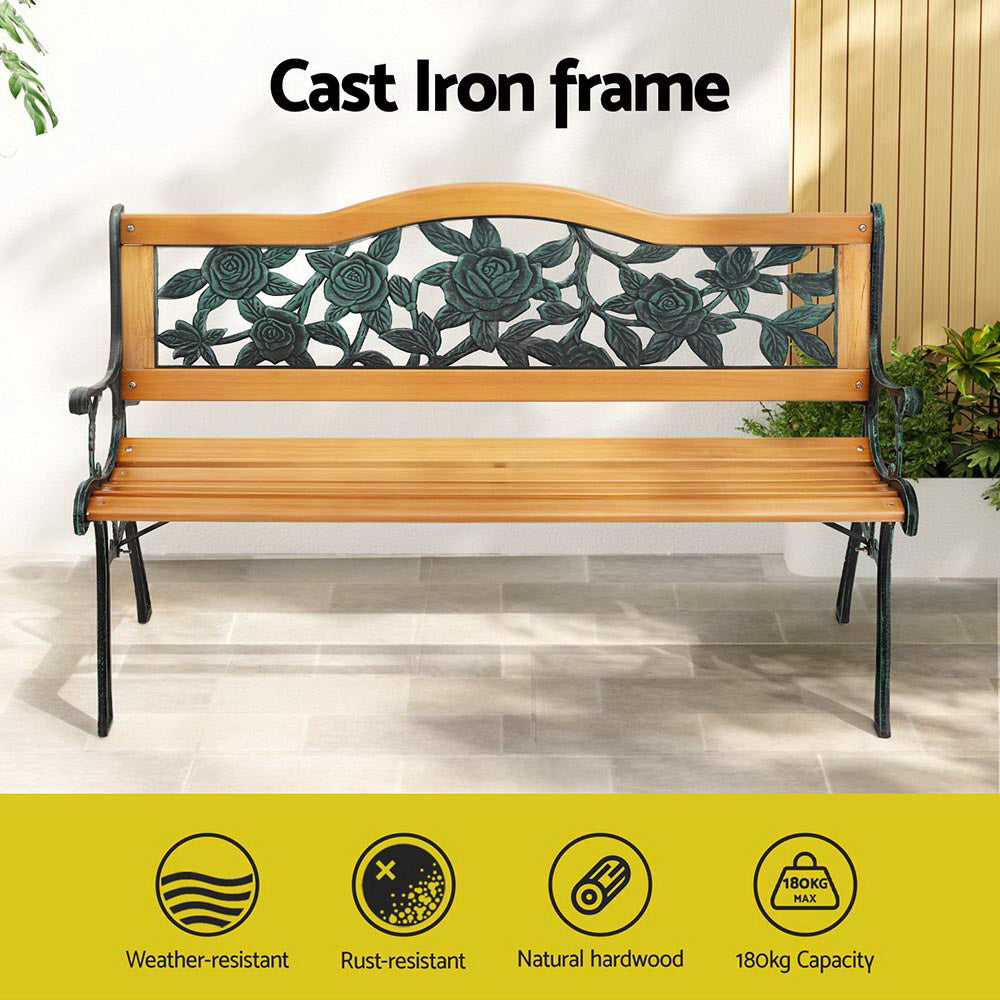 Gardeon Outdoor Garden Bench Seat 126cm Wooden Cast Iron 3 Seater Patio Furniture-3