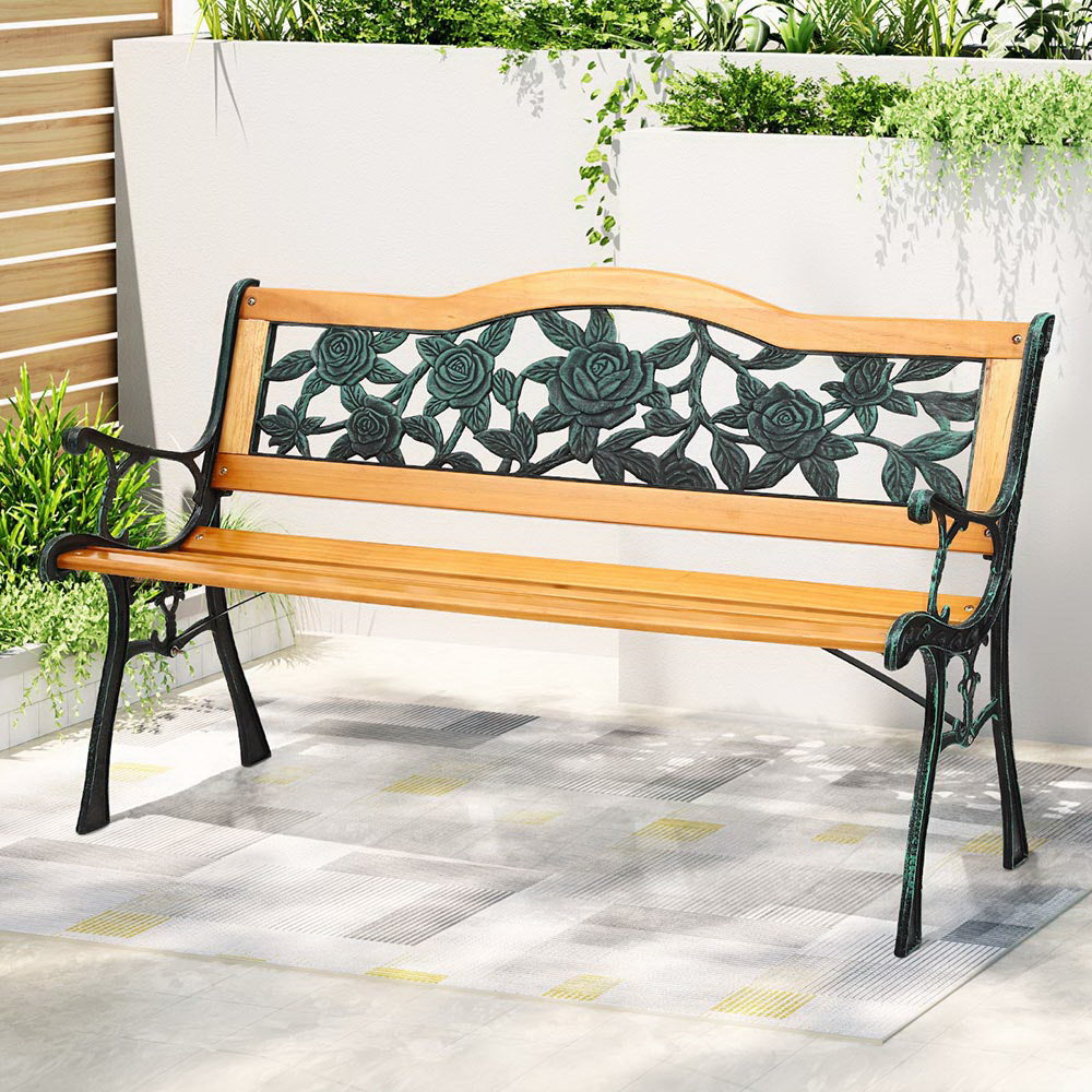 Gardeon Outdoor Garden Bench Seat 126cm Wooden Cast Iron 3 Seater Patio Furniture-6