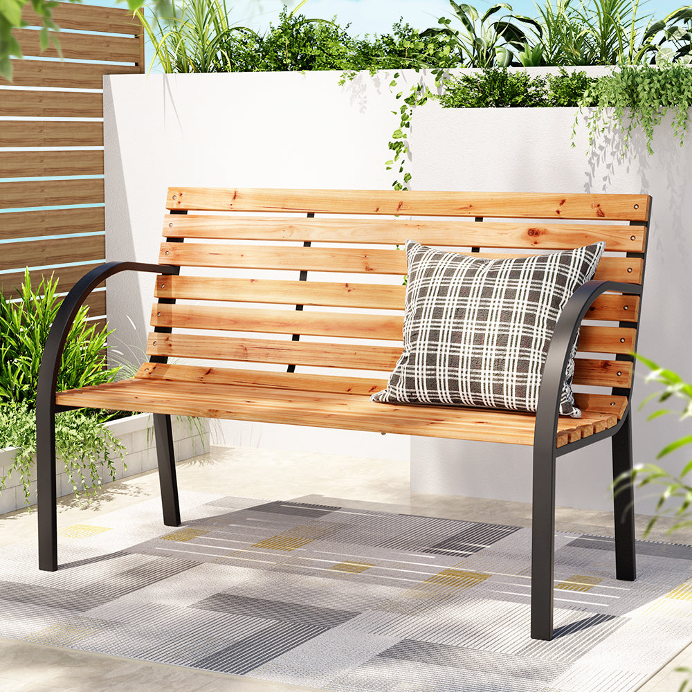 Gardeon Outdoor Garden Bench Seat 120cm Wooden Steel 2 Seater Patio Furniture Natural-6