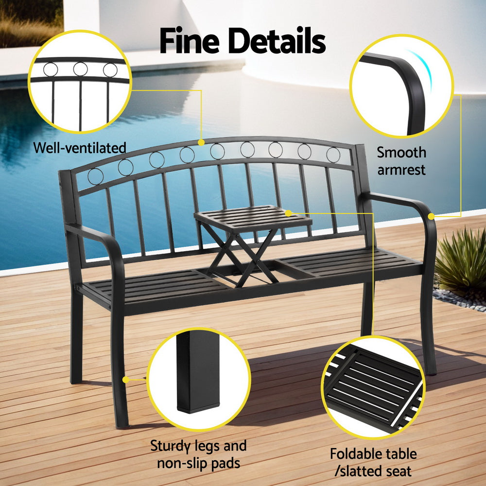 Gardeon Outdoor Garden Bench Seat Loveseat Steel Foldable Table Patio Furniture Black-4