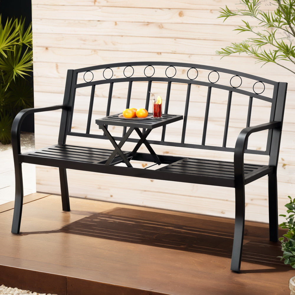 Gardeon Outdoor Garden Bench Seat Loveseat Steel Foldable Table Patio Furniture Black-6