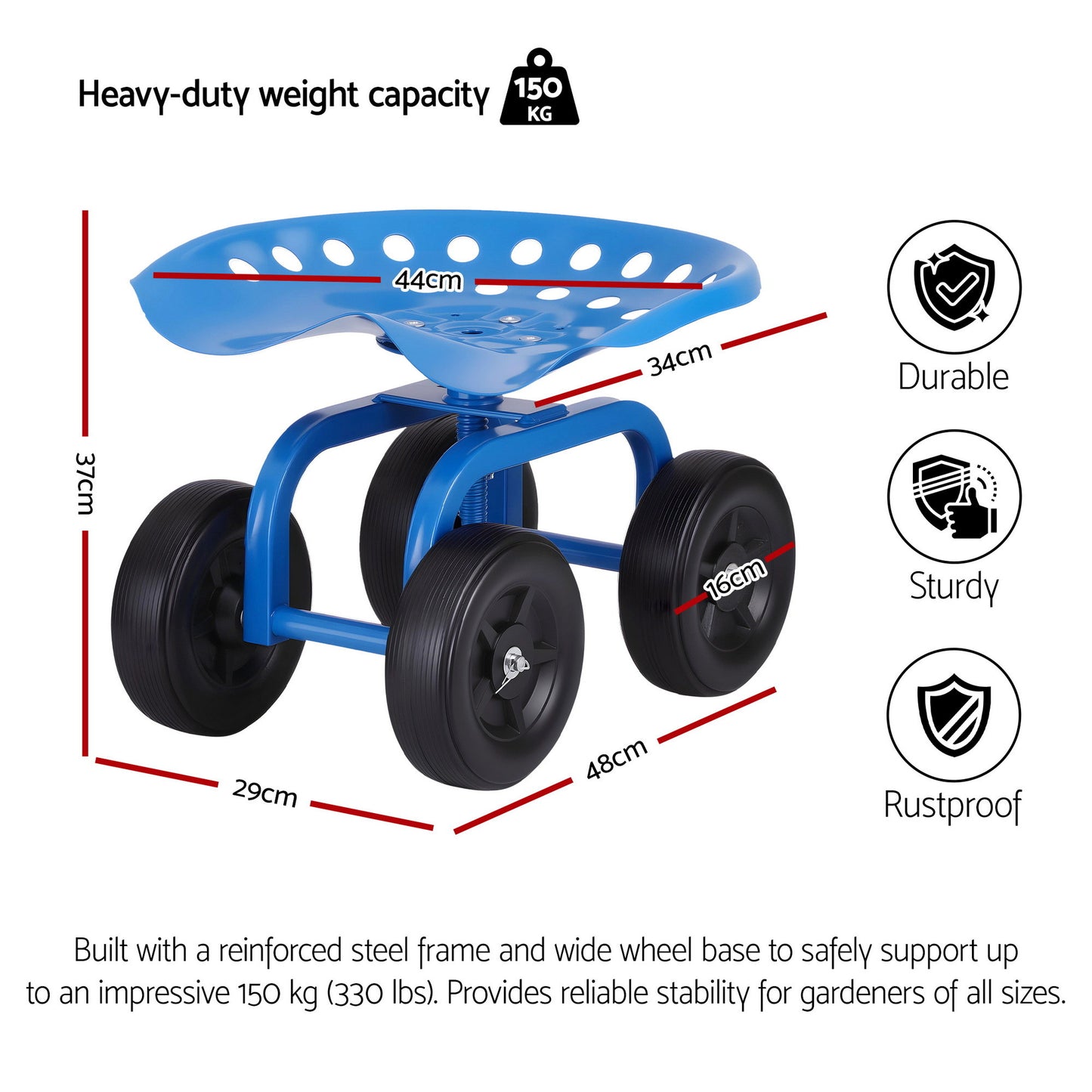 Gardeon Garden Seat 360 Swivel Rolling Adjustable Height Work Scooter Cart Wheels Heavy Duty 150kg-6