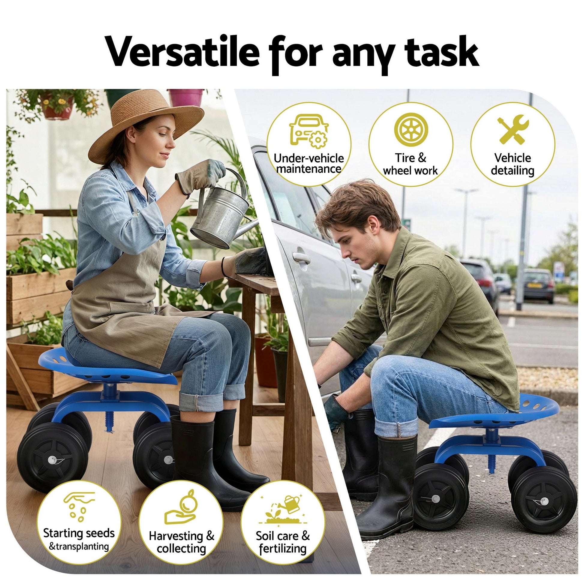 Gardeon Garden Seat 360 Swivel Rolling Adjustable Height Work Scooter Cart Wheels Heavy Duty 150kg-1
