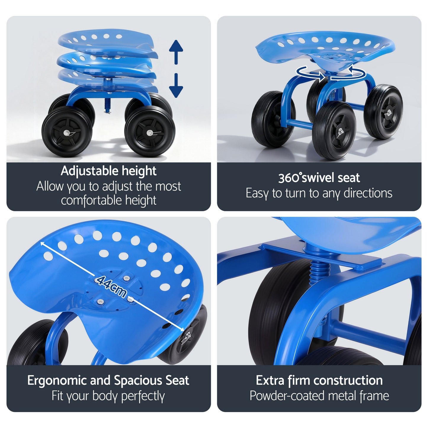 Gardeon Garden Seat 360 Swivel Rolling Adjustable Height Work Scooter Cart Wheels Heavy Duty 150kg-2