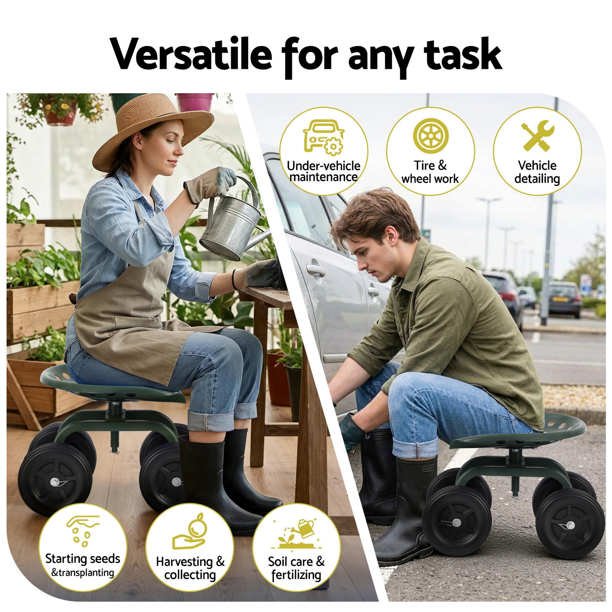 Gardeon Garden Seat 360 Swivel Rolling Adjustable Height Work Scooter Cart Wheels Heavy Duty 150kg-1