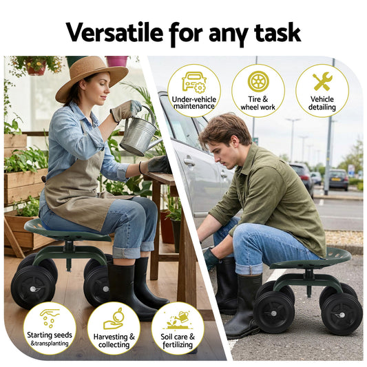Gardeon Garden Seat 360 Swivel Rolling Adjustable Height Work Scooter Cart Wheels Heavy Duty 150kg-1