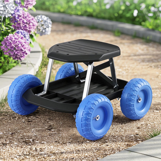 Gardeon Garden Cart Seat with Wheels, Rolling Work Stool with Tool Storage Tray, 440lbs (200kg) Heavy Duty Capacity Garden Stool for Outdoor Yard Work, Car Detailing, and Garage Maintenance, Blue/Black-0