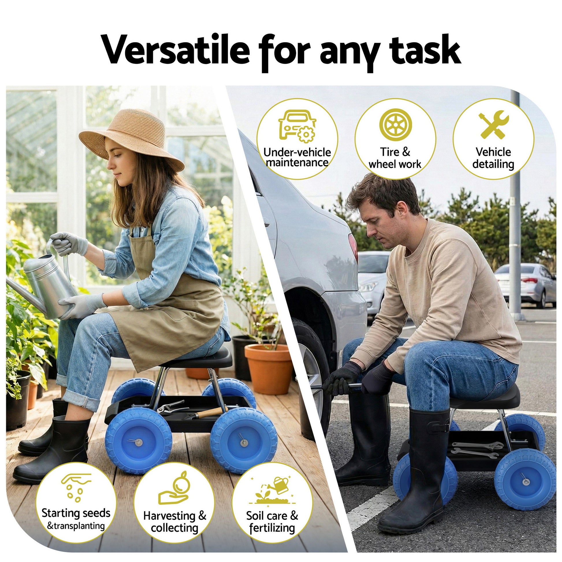 Gardeon Garden Cart Seat with Wheels, Rolling Work Stool with Tool Storage Tray, 440lbs (200kg) Heavy Duty Capacity Garden Stool for Outdoor Yard Work, Car Detailing, and Garage Maintenance, Blue/Black-1