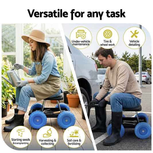 Gardeon Garden Cart Seat with Wheels, Rolling Work Stool with Tool Storage Tray, 440lbs (200kg) Heavy Duty Capacity Garden Stool for Outdoor Yard Work, Car Detailing, and Garage Maintenance, Blue/Black-1