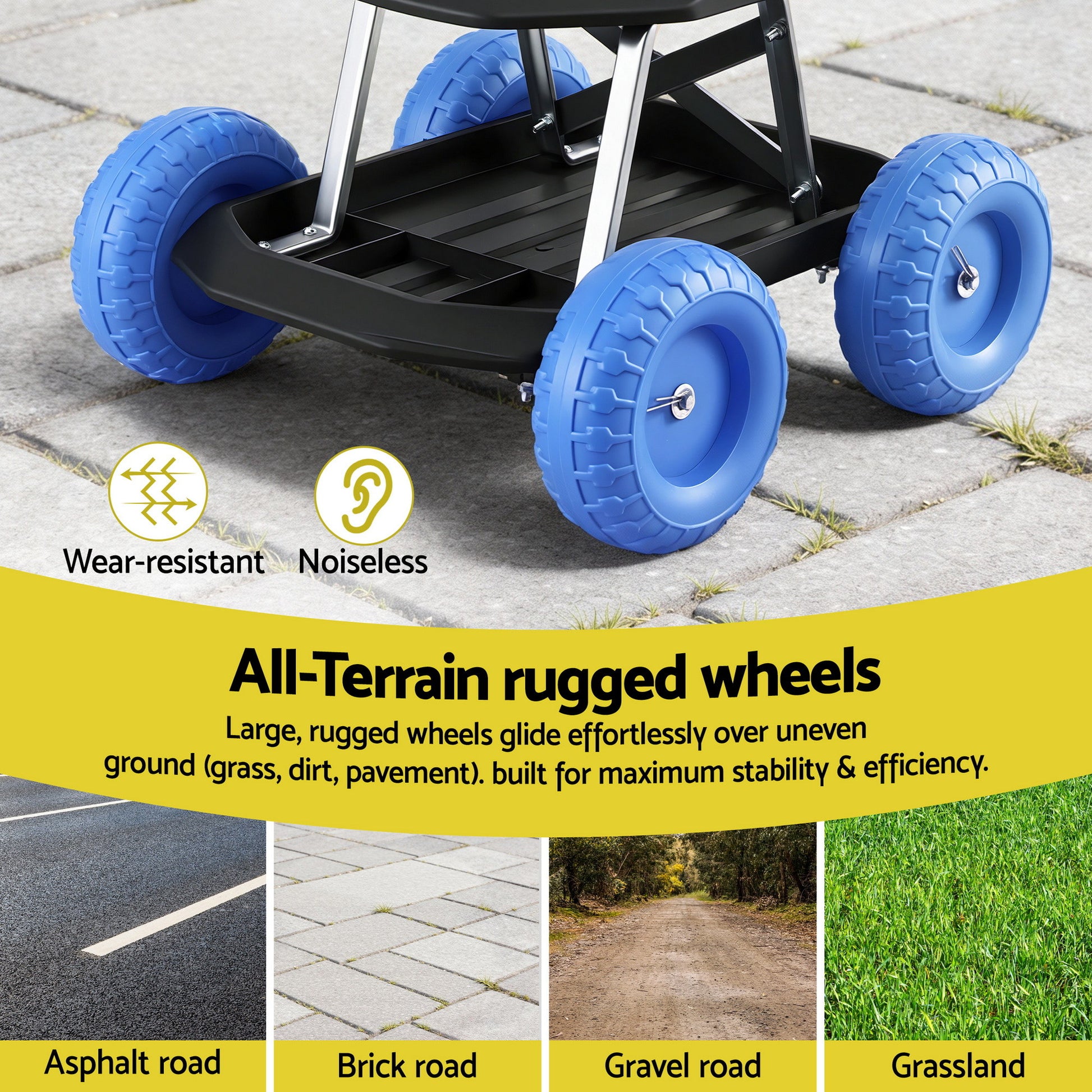 Gardeon Garden Cart Seat with Wheels, Rolling Work Stool with Tool Storage Tray, 440lbs (200kg) Heavy Duty Capacity Garden Stool for Outdoor Yard Work, Car Detailing, and Garage Maintenance, Blue/Black-4