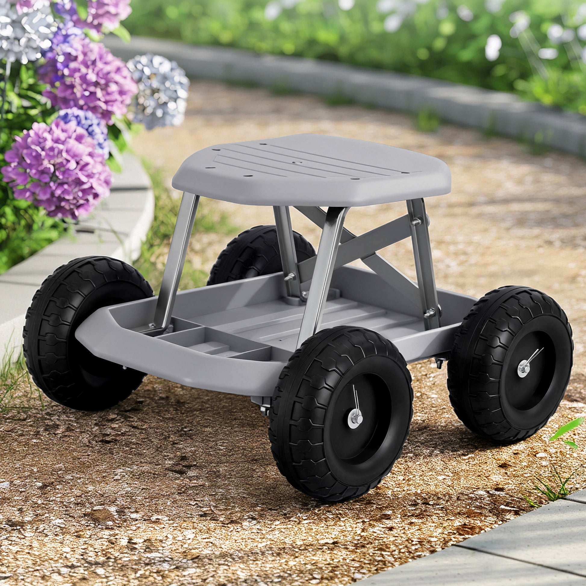 Gardeon Garden Cart Seat with Wheels, Rolling Work Stool with Tool Storage Tray, 440lbs (200kg) Heavy Duty Capacity Garden Stool for Outdoor Yard Work, Car Detailing, and Garage Maintenance, Grey/Black-0