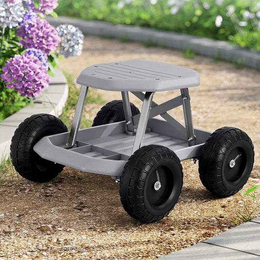 Gardeon Garden Cart Seat with Wheels, Rolling Work Stool with Tool Storage Tray, 440lbs (200kg) Heavy Duty Capacity Garden Stool for Outdoor Yard Work, Car Detailing, and Garage Maintenance, Grey/Black-0