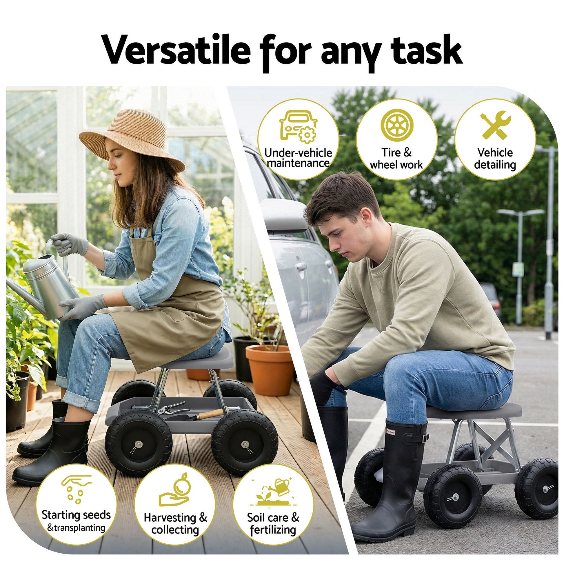 Gardeon Garden Cart Seat with Wheels, Rolling Work Stool with Tool Storage Tray, 440lbs (200kg) Heavy Duty Capacity Garden Stool for Outdoor Yard Work, Car Detailing, and Garage Maintenance, Grey/Black-1